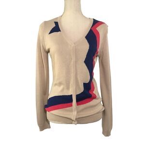 YAL Cardigan Snap Front Sweater Lightweight Abstract Print Tan Size Large
